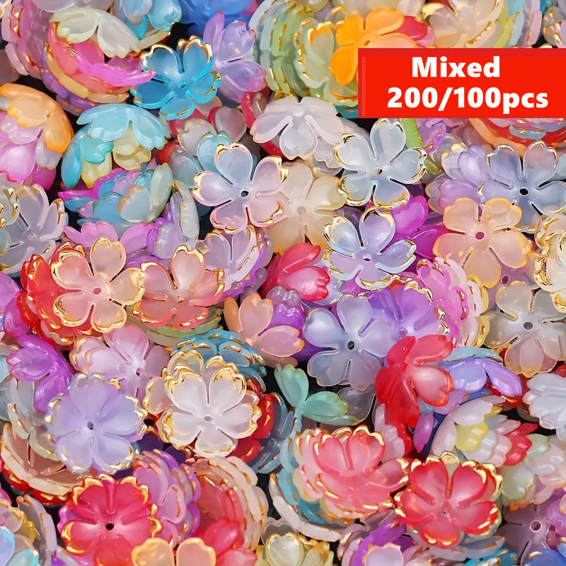 Embroidery Embellishments - 200/100個入り 15mm カラフルアクリルフラワービーズ - パステル、花柄、ゴールドデザイン DIY作成用品用