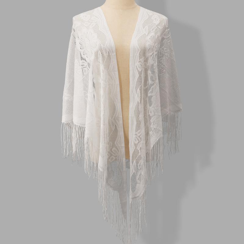 Tassel Fringe Trim - タッセルフリンジ付きブライダルラップ 三角形花柄レースシースルーショールスカーフ ホリデーパーティー クリスマスイベント用カバーアップ