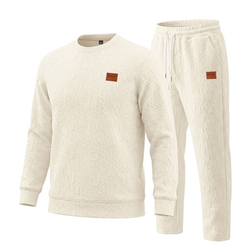 Embellish Knit - 2026年クロスボーダー春秋メンズテクスチャパターンセット、エンボスレタークルーネックセーターパンツセット、大きいサイズ卸売