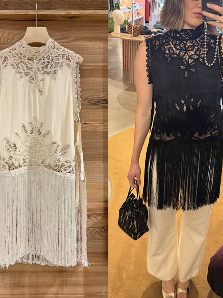 Tassel Fringe Trim - フレンチスタイルノット中空デザインノースリーブスタンドカラーレディースシャツサマー2026タッセルトリムミドル丈ファッショントップ