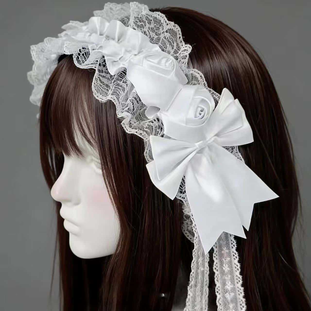ゴシックロリータレースヘッドバンド女性用ダブルブラックホワイ - Tassel Fringe Trim のレビューと価格