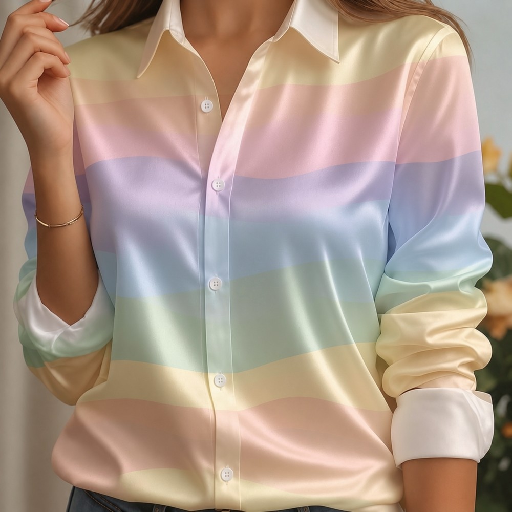 女性用サテンラペルカラーシャツ、パステルストライププリント、 - Embellish Knit のレビューと価格