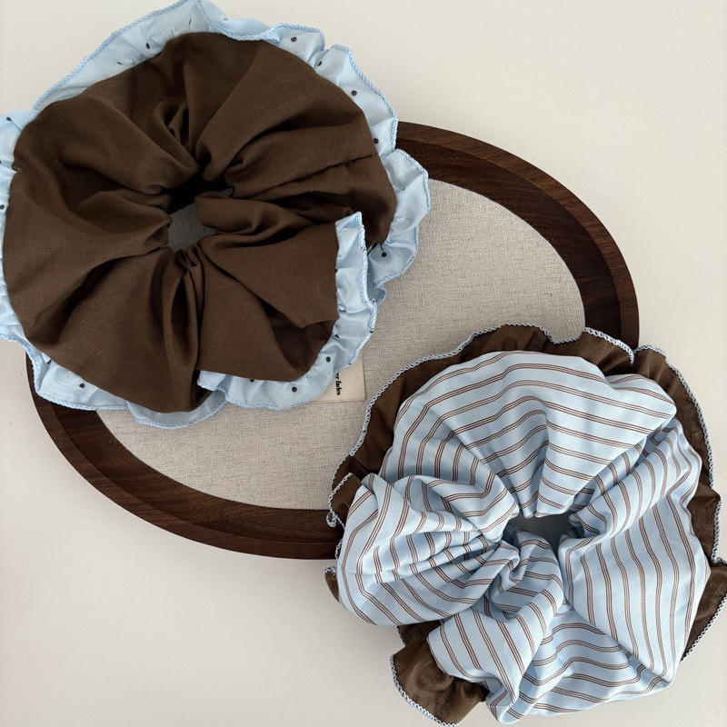 超美しいブラウンとブルーのカラーブロックデザインのシュシュ、 - Elastic Lace Trim のレビューと価格