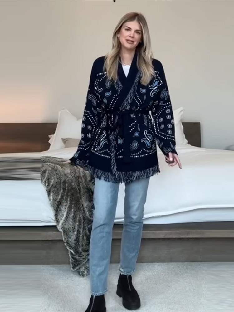 2026 秋冬エレガントなプリントタッセルカーディガン女性ベ - Tassel Fringe Trim のレビューと価格