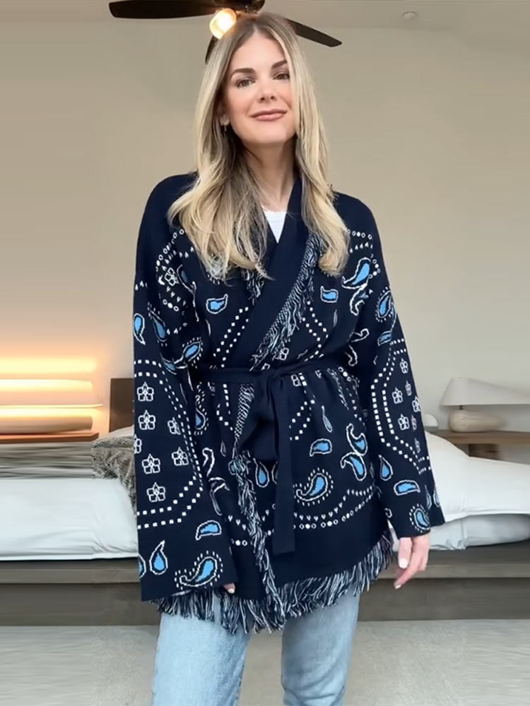 2026 秋冬エレガントなプリントタッセルカーディガン女性ベ - Tassel Fringe Trim のレビューと価格