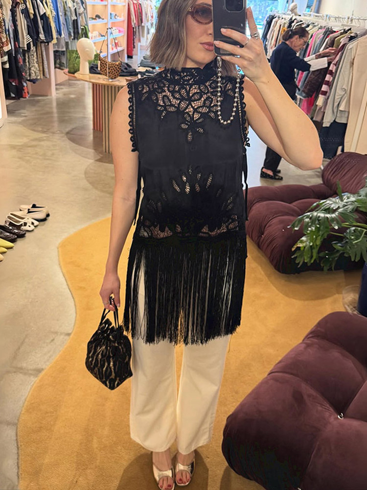 フレンチスタイルノット中空デザインノースリーブスタンドカラー - Tassel Fringe Trim のレビューと価格